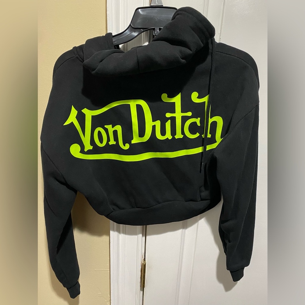 Von Dutch Embroidered Cropped Hoodie - Black/Green- Small